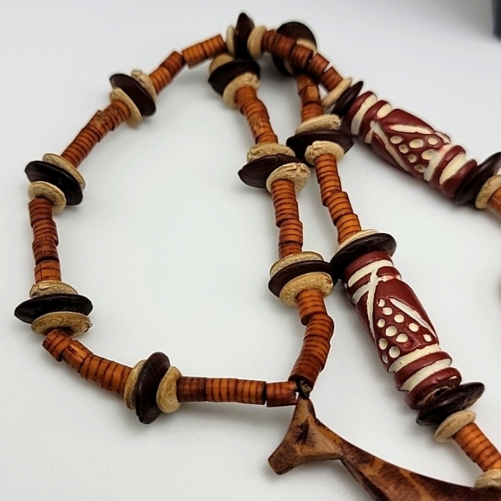Handcrafted Animal Charm Necklace - Natural Wood Seed Pottery Ethnic Tribal 28" - Picture 7 of 12